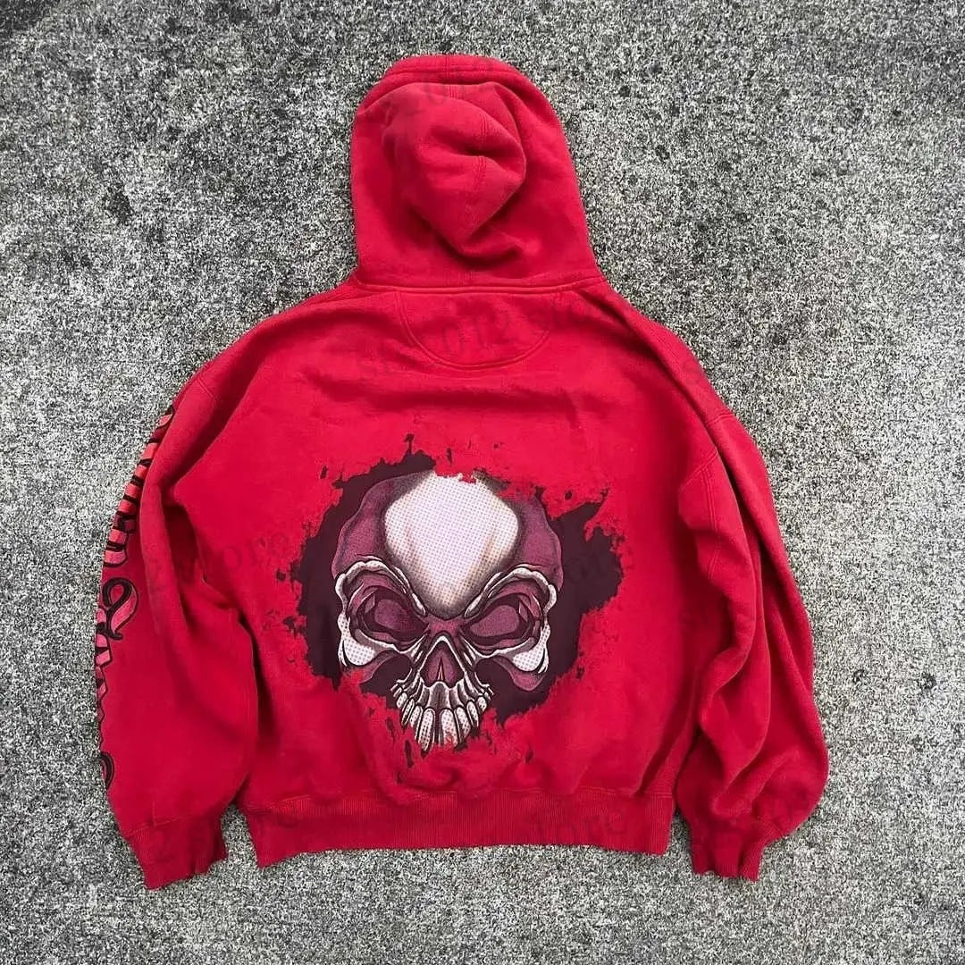 Skull Print Hoodie Vintage Streetwear Casual Sweatshirt