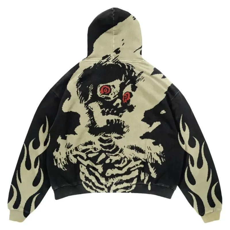 Skull Print Hoodie Vintage Streetwear Casual Sweatshirt