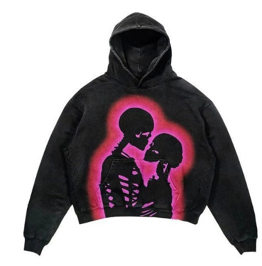 Skull Print Hoodie Vintage Streetwear Casual Sweatshirt