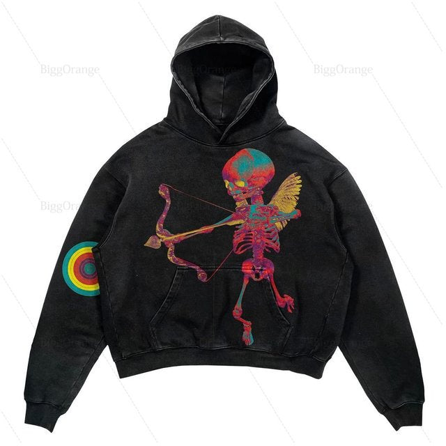 Skull Print Hoodie Vintage Streetwear Casual Sweatshirt