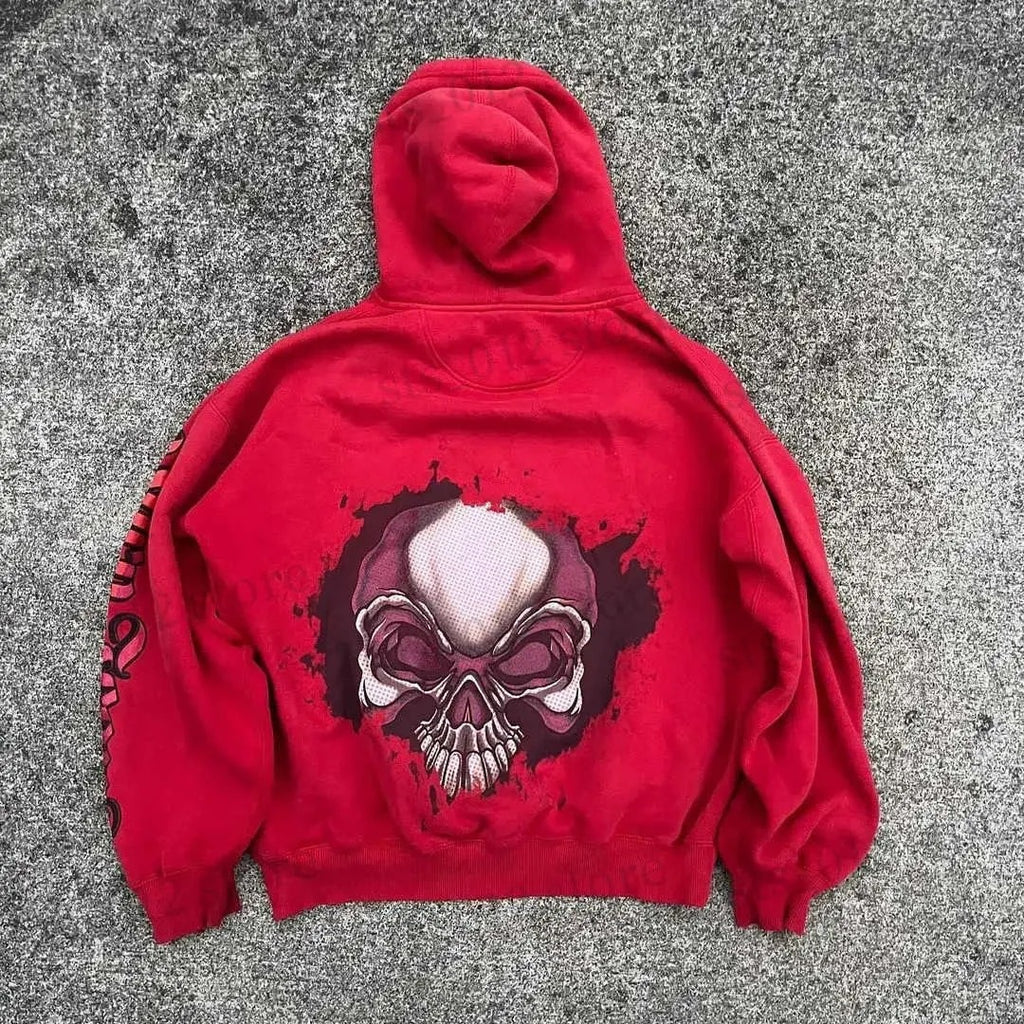 Skull Print Hoodie Vintage Streetwear Casual Sweatshirt