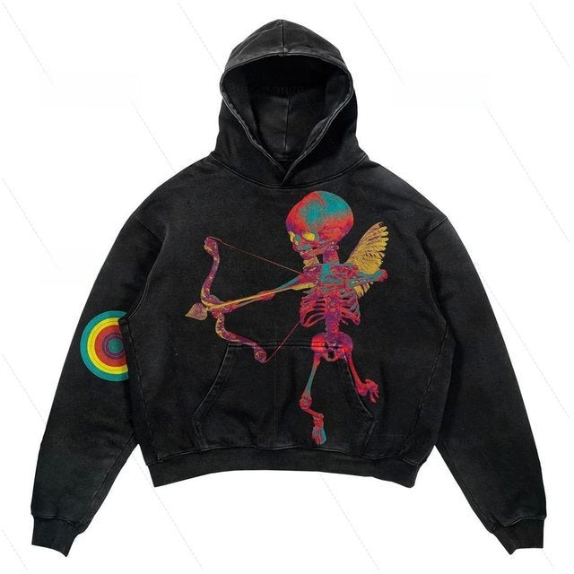 Skull Print Hoodie Vintage Streetwear Casual Sweatshirt